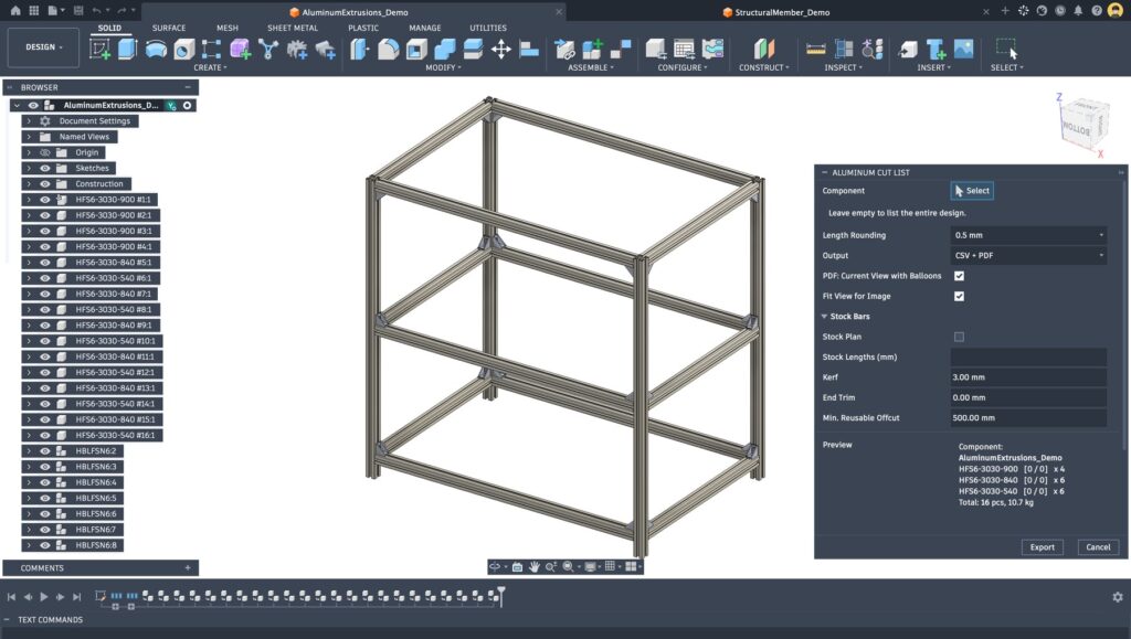 Aluminum Extrusions Cut List dialog