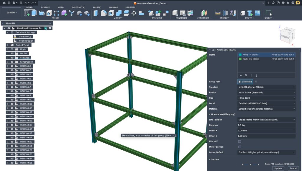 Aluminum Extrusions dialog