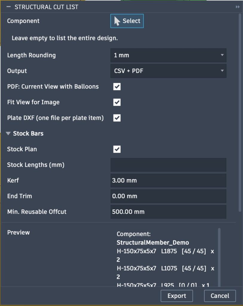 Structural Member Cut List dialog